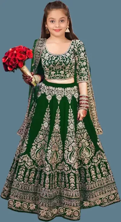 Tranditional Velvet Embroidered Semi Stitched Lehenga Cholis With Dupatta For Baby Girls