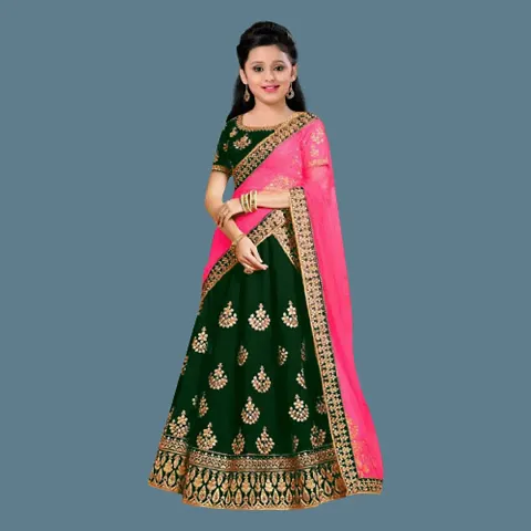 Clothes Shop Taffeta Satin Solid Designer Kids Girls Wedding Wear Semi Stitched Lehenga