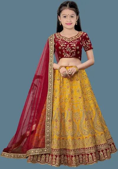 RAYASA Girl's Satin Semi-stitched Lehenga Choli (Yellow_11-12 Years) Rayasa Fashion