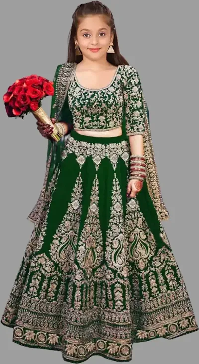 Tranditional Velvet Embroidered Semi Stitched Lehenga Cholis With Dupatta For Baby Girls