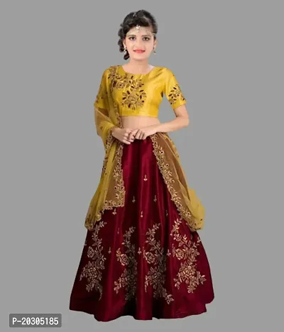 Kids Girls Lehenga Choli Embroidered Satin Fabric for Ethnic Occasions-thumb0