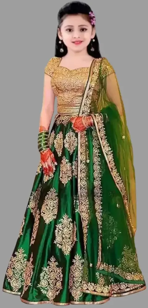 Heaven Fashion Girls' Taffeta Silk Semi-Stitched Lehenga Choli (7-8 Years, Green)