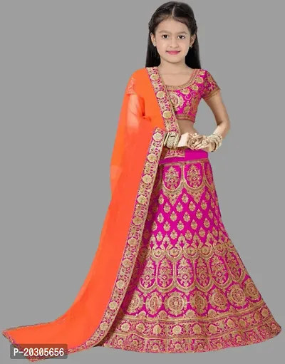 Kids Girls Lehenga Choli Embroidered Satin Fabric for Ethnic Occasions-thumb0