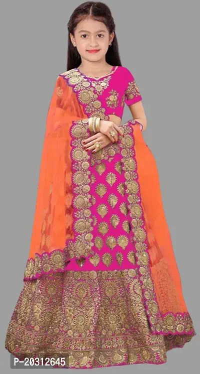 Kids Girls Lehenga Choli Embroidered Satin Fabric for Ethnic Occasions-thumb0