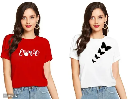 Elegant Cotton Printed Round Neck T-Shirts For Women- Pack Of  2