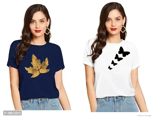 Elegant Cotton Printed Round Neck T-Shirts For Women- Pack Of  2