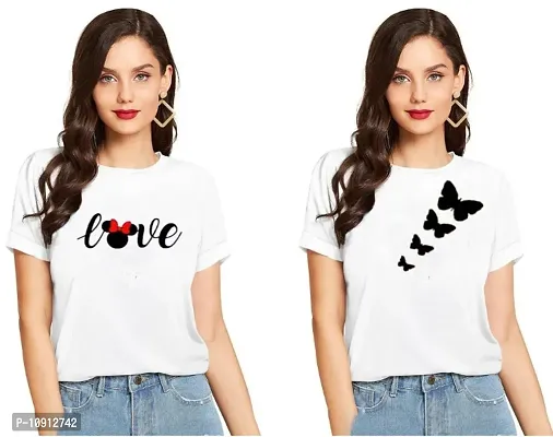 Elegant White Cotton Printed Round Neck T-Shirts For Women- Pack Of  2