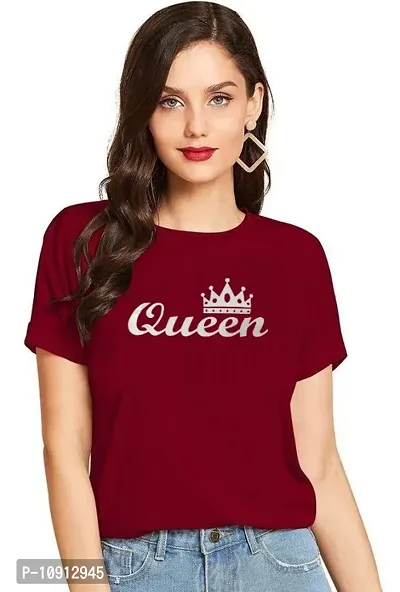 Elegant Maroon Cotton Printed Round Neck T-Shirts For Women