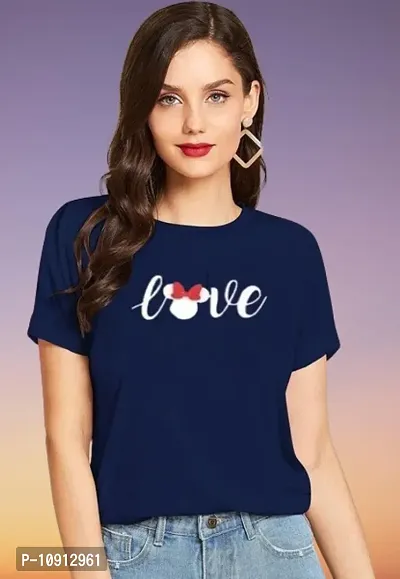 Elegant Navy Blue Cotton Printed Round Neck T-Shirts For Women