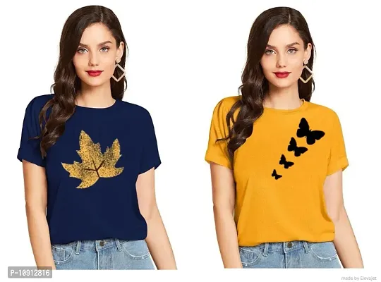 Elegant Cotton Printed Round Neck T-Shirts For Women- Pack Of  2