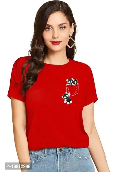 Elegant Red Cotton Printed Round Neck T-Shirts For Women-thumb0