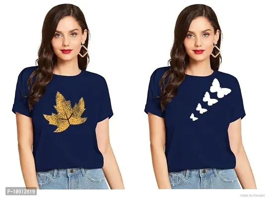 Elegant Navy Blue Cotton Printed Round Neck T-Shirts For Women- Pack Of  2
