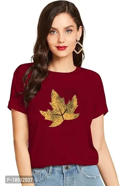 Elegant Maroon Cotton Printed Round Neck T-Shirts For Women
