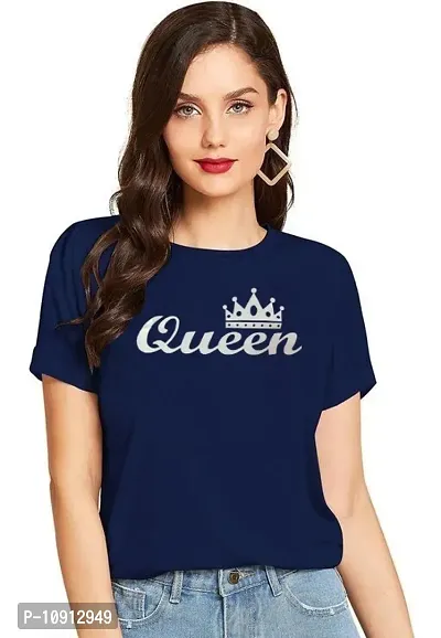 Elegant Navy Blue Cotton Printed Round Neck T-Shirts For Women