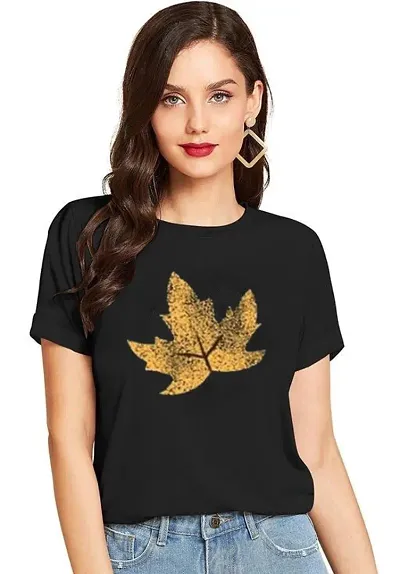 Quity Fashion Women Cotton Solid Leaf Print Regular Fit Stylish Tshirt