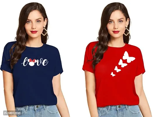 Elegant Cotton Printed Round Neck T-Shirts For Women- Pack Of  2