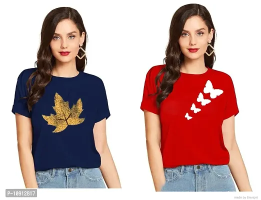 Elegant Cotton Printed Round Neck T-Shirts For Women- Pack Of  2