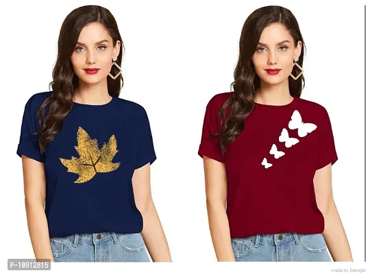 Elegant Cotton Printed Round Neck T-Shirts For Women- Pack Of  2