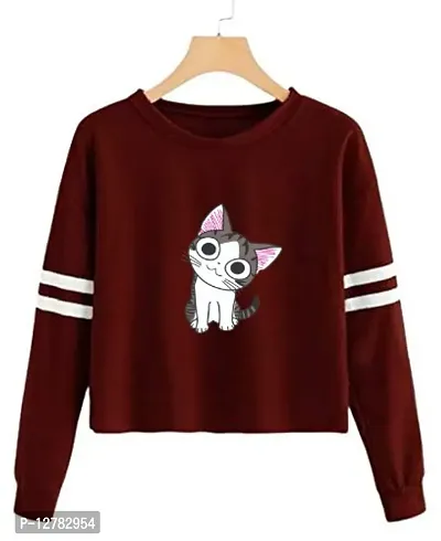 Stylish Designer CAT Printed 100% Cotton Full Sleeve T-shirt for Women And Girls Pack of 1