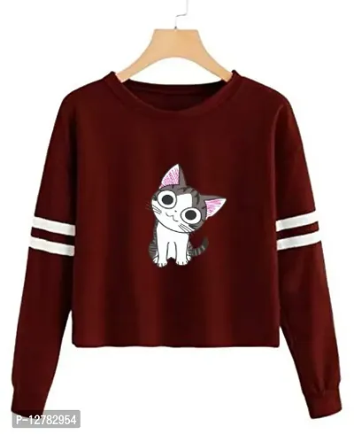 Stylish Designer CAT Printed 100% Cotton Full Sleeve T-shirt for Women And Girls Pack of 1-thumb0