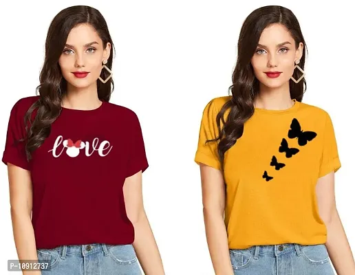 Elegant Cotton Printed Round Neck T-Shirts For Women- Pack Of  2