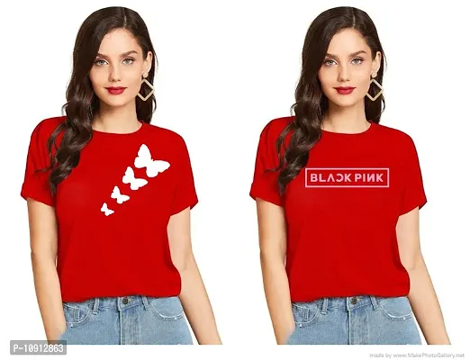 Elegant Red Cotton Printed Round Neck T-Shirts For Women- Pack Of  2