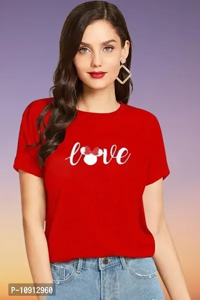 Elegant Red Cotton Printed Round Neck T-Shirts For Women