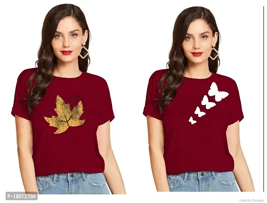 Elegant Maroon Cotton Printed Round Neck T-Shirts For Women- Pack Of  2-thumb0