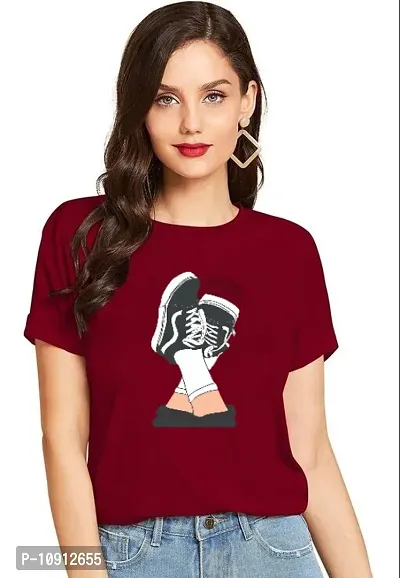Elegant Maroon Cotton Printed Round Neck T-Shirts For Women-thumb0