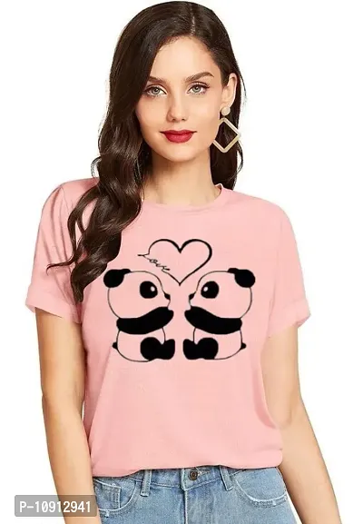 Elegant Pink Cotton Printed Round Neck T-Shirts For Women-thumb0