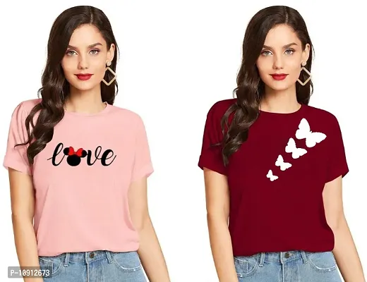 Elegant Cotton Printed Round Neck T-Shirts For Women- Pack Of  2