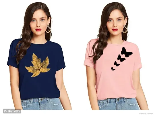 Elegant Cotton Printed Round Neck T-Shirts For Women- Pack Of  2