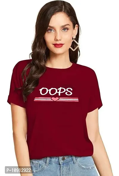 Elegant Maroon Cotton Printed Round Neck T-Shirts For Women