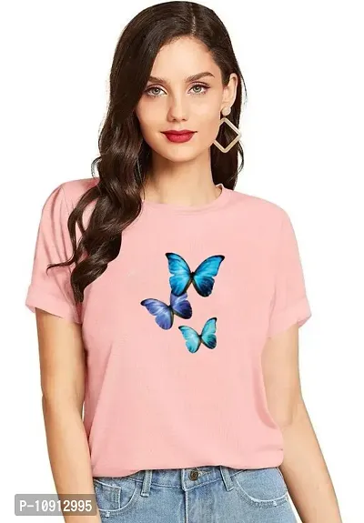 Elegant Pink Cotton Printed Round Neck T-Shirts For Women