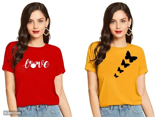 Elegant Cotton Printed Round Neck T-Shirts For Women- Pack Of  2