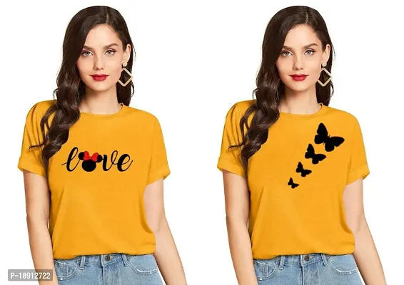 Elegant Yellow Cotton Printed Round Neck T-Shirts For Women- Pack Of  2