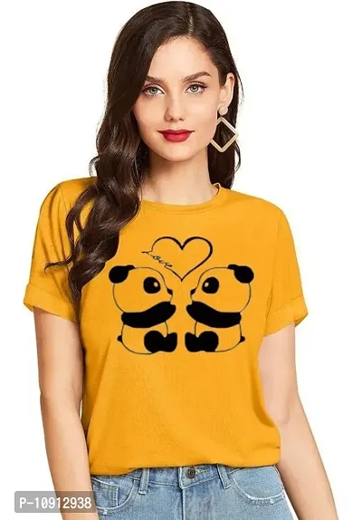 Elegant Mustard Cotton Printed Round Neck T-Shirts For Women