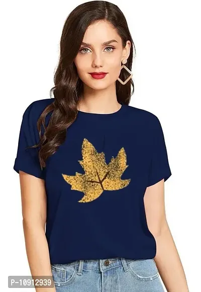 Elegant Navy Blue Cotton Printed Round Neck T-Shirts For Women