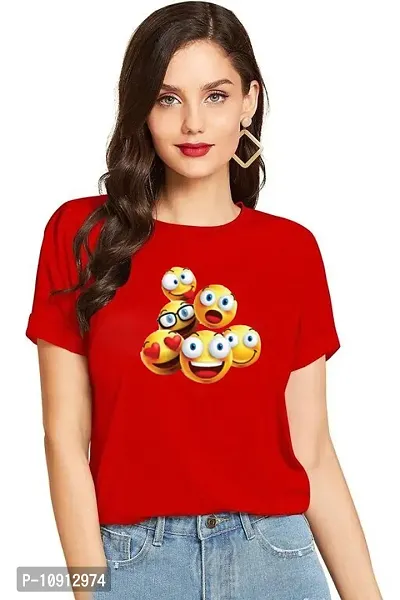 Elegant Red Cotton Printed Round Neck T-Shirts For Women