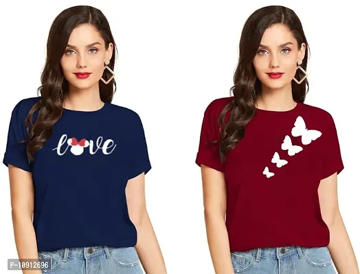 Elegant Cotton Printed Round Neck T-Shirts For Women- Pack Of  2