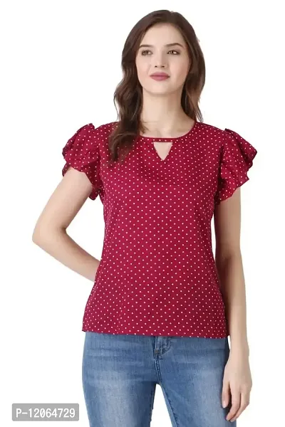 ELEVAJET Women's Casual Stylish Polka Dot Printed Regular Top V Cut Neck Short Sleeve Top for Women & Girls (Pack of 1_M Maroon)-thumb0