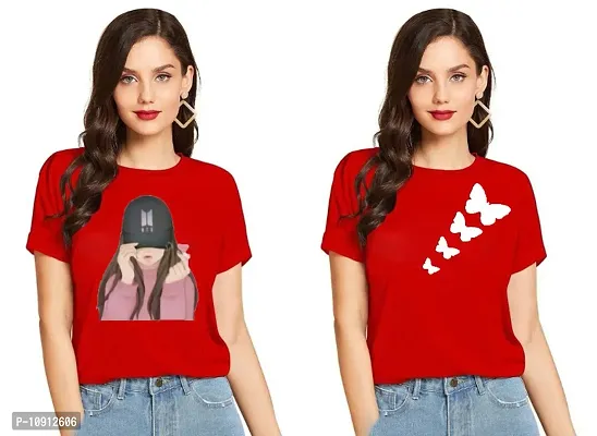 Elegant Red Cotton Printed Round Neck T-Shirts For Women- Pack Of  2