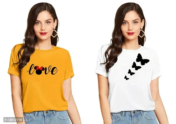 Elegant Cotton Printed Round Neck T-Shirts For Women- Pack Of  2