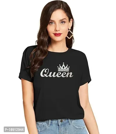 Elegant Black Cotton Printed Round Neck T-Shirts For Women