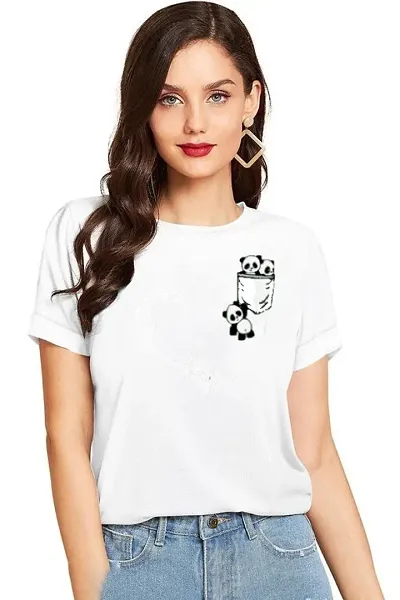 Atrangi Store Panda Bear Pocket Graphic Printed Half Sleeve Round Neck Cotton T-Shirt for Women & Girls|Funny Panda Bear Family Shirt|Gift Animal Lover Tee for Her