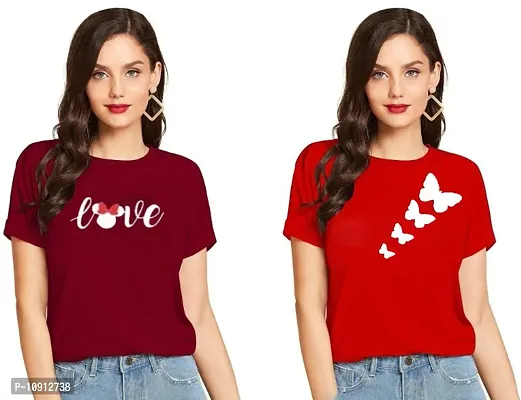 Elegant Cotton Printed Round Neck T-Shirts For Women- Pack Of  2