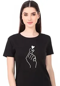 Stylish Black Cotton Printed Round Neck T-Shirts For Women-thumb1