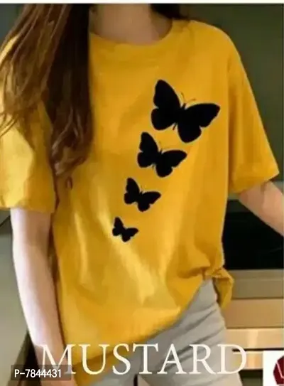 Elegant Yellow Cotton Butterfly Design T-Shirts For Women-thumb0