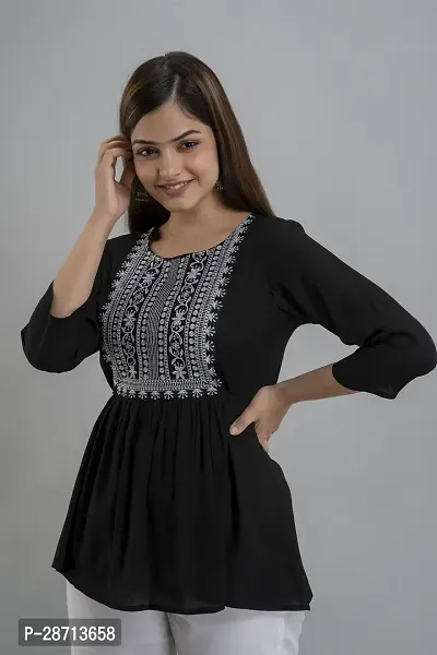 Stylish Black Cotton Embroidered Top For Women-thumb0