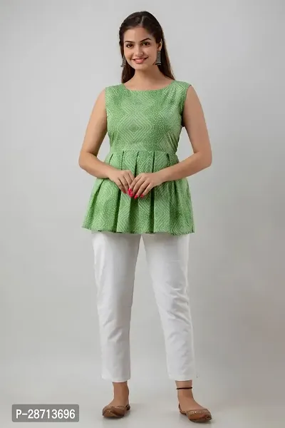 Stylish Green Cotton Geometric Print Sleeveless Top For Women